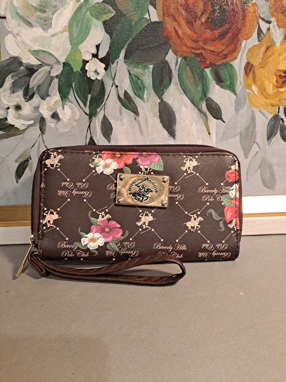 Beverly Hills Polo Club Dark Brown Pink Floral Zip Wallet Wristlet Clutch VTG
